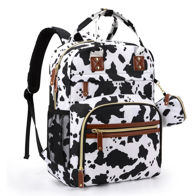 Tuwubi Diaper Bag Backpack, Baby Essentials Travel Tote Bag, Multi function Waterproof Backpacks, Travel Essentials with Stroller Straps & Pacifier Case - Cow Print - Image 1